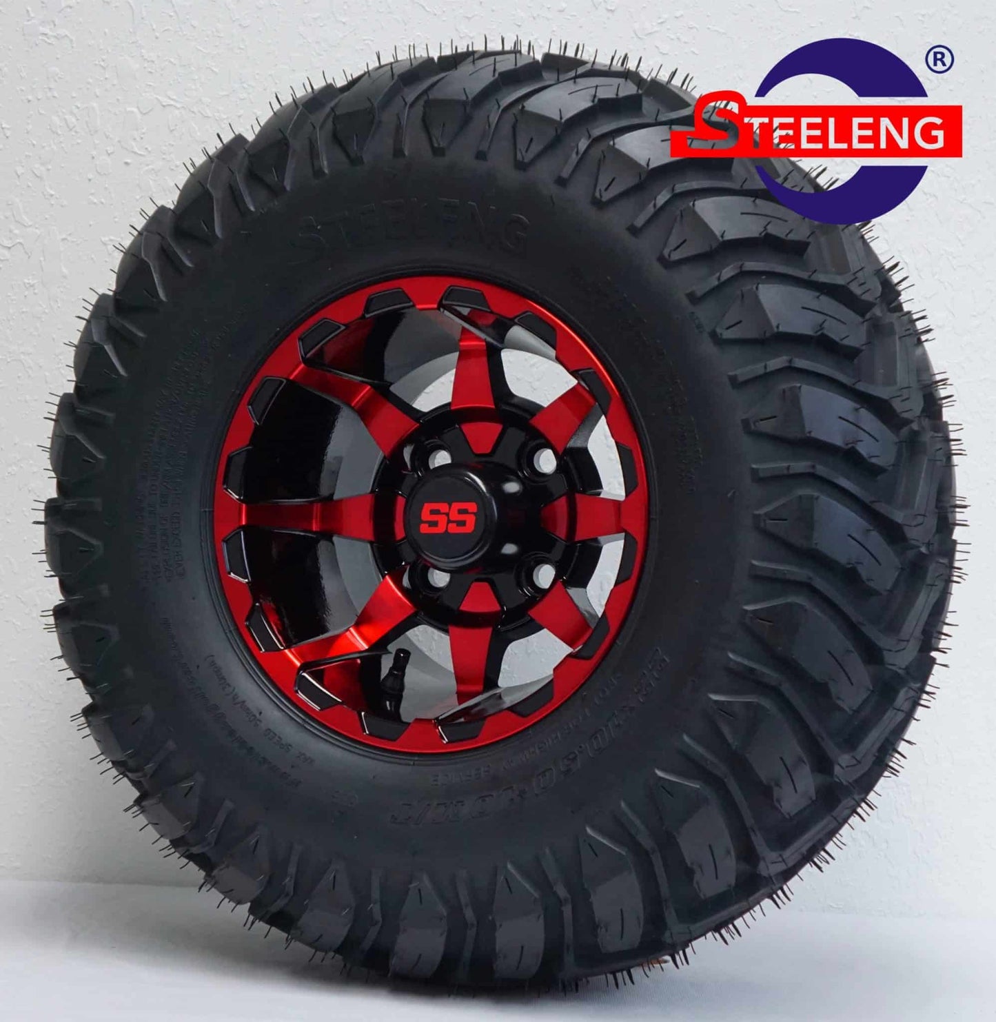 10″X7″ RED/BLACK ‘VORTEX’ ALUMINUM ALLOY WHEELS / TIRES COMBO