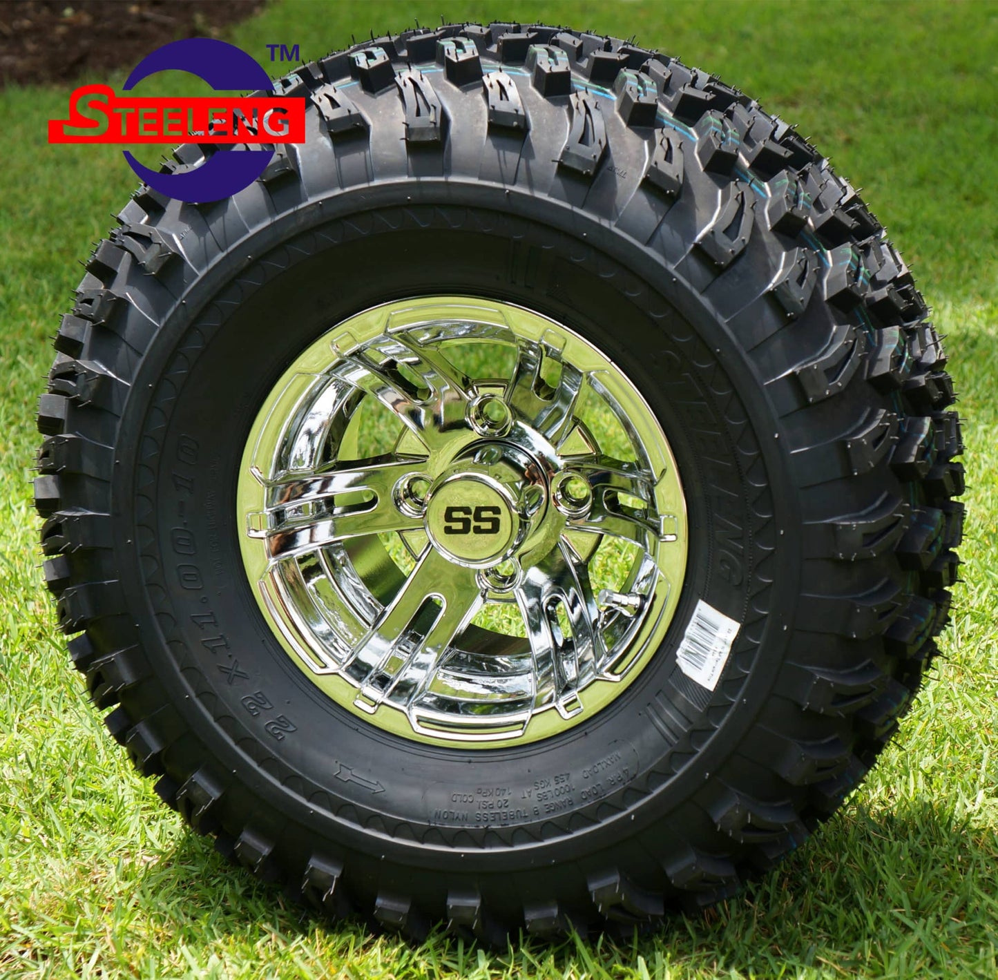 SGC 10″ X 7″ BULLDOG CHROME WHEEL – ALUMINUM ALLOY / STEELENG 22″X11″-10″ ALL TERRAIN TIRE DOT APPROVED