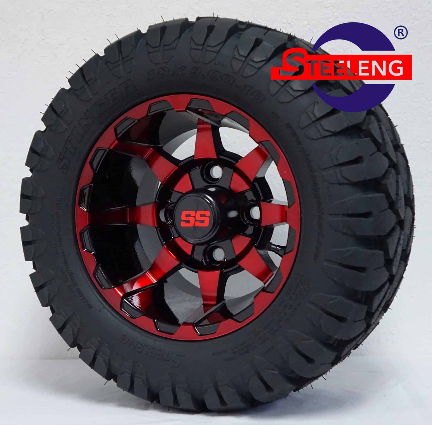 10″X7″ RED/BLACK ‘VORTEX’ ALUMINUM ALLOY WHEELS / TIRES COMBO