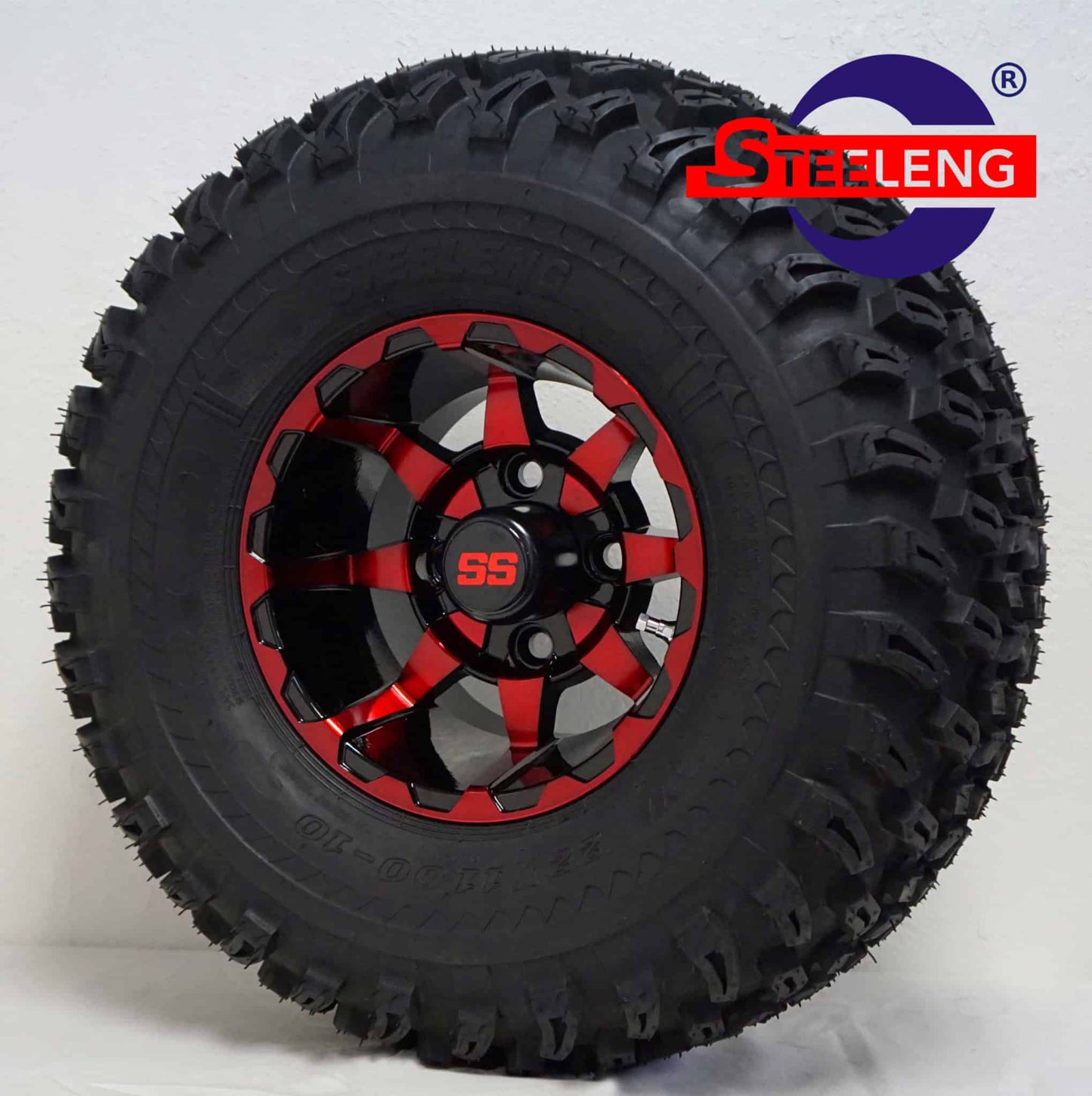 10″X7″ RED/BLACK ‘VORTEX’ ALUMINUM ALLOY WHEELS / TIRES COMBO