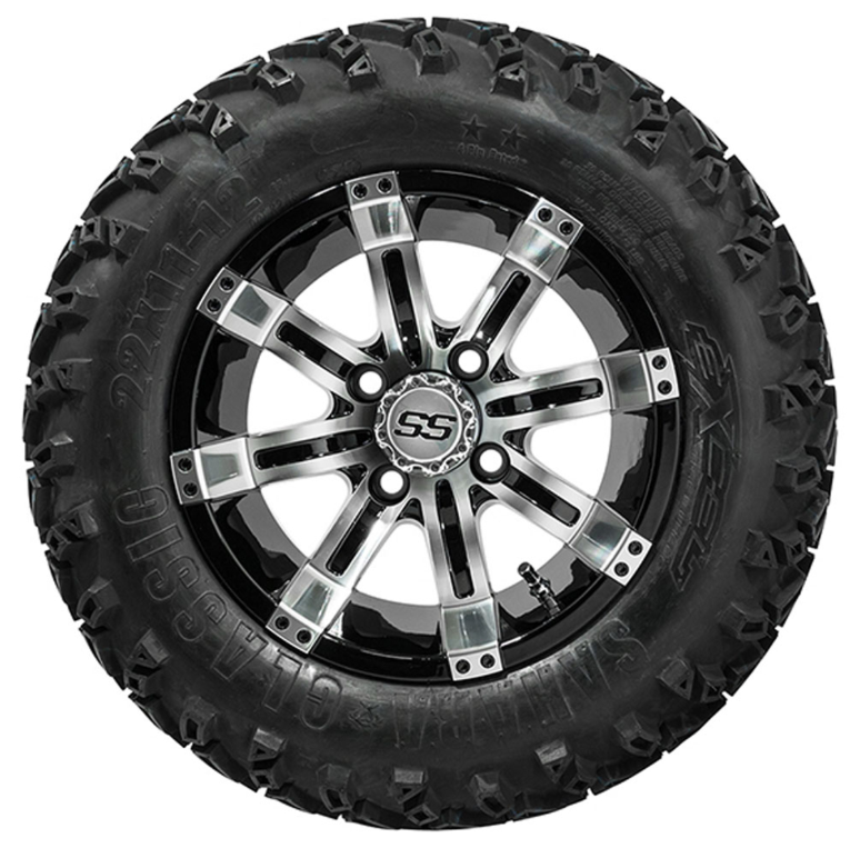 12” GTW Tempest Black and Machined Wheels with 22” Sahara Classic A-T Tires – Set of 4